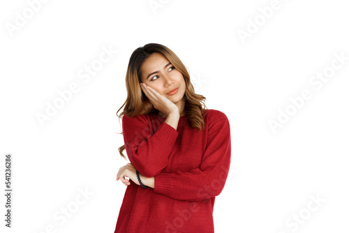 Excited confident asian happy woman in winter sweater red color isolated on white background. © makibestphoto