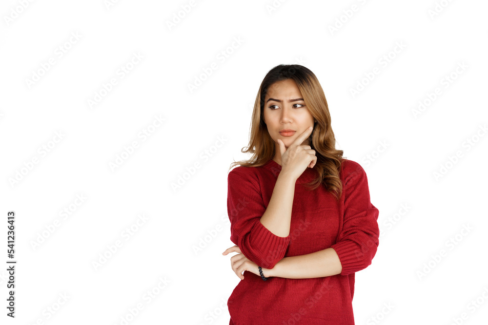 Excited confident asian happy woman in winter sweater red color isolated on white background. Thinking Excited confident asian happy woman in winter sweater red color isolated on white background. Thinking