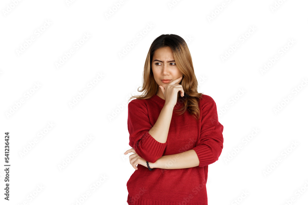 Excited confident asian happy woman in winter sweater red color isolated on white background. Thinking Excited confident asian happy woman in winter sweater red color isolated on white background. Thinking