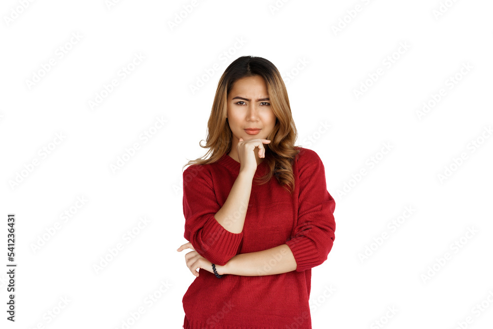 Excited confident asian happy woman in winter sweater red color isolated on white background. Thinking Excited confident asian happy woman in winter sweater red color isolated on white background. Thinking