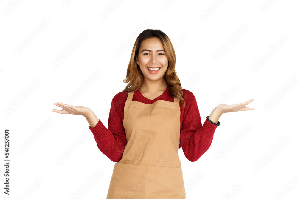 Coffee shop SME owner excited brunette asian woman wearing sweater and apron isolated on white background, Looking camera Coffee shop SME owner excited brunette asian woman wearing sweater and apron isolated on white background, Looking camera