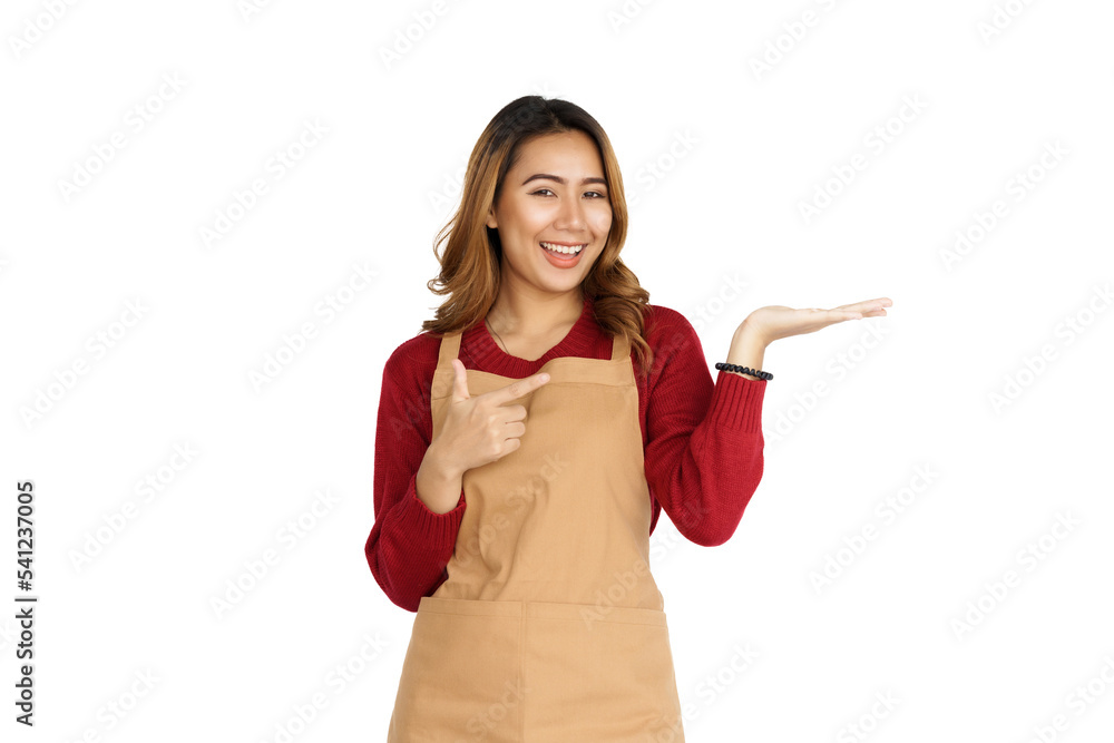 Coffee shop SME owner excited brunette asian woman wearing sweater and apron isolated on white background, Looking camera Coffee shop SME owner excited brunette asian woman wearing sweater and apron isolated on white background, Looking camera