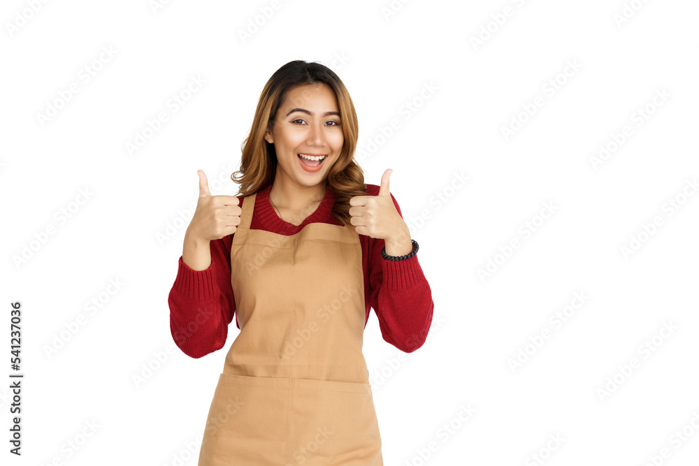 Coffee shop SME owner excited brunette asian woman wearing sweater and apron isolated on white background, thumb up Coffee shop SME owner excited brunette asian woman wearing sweater and apron isolated on white background, thumb up