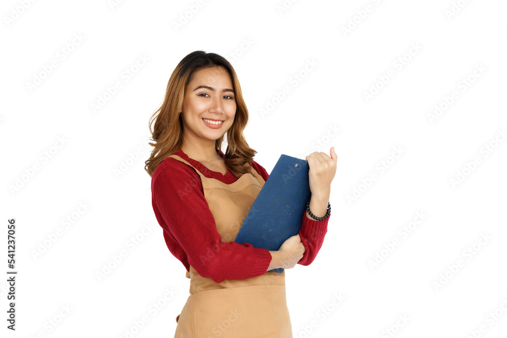 Coffee shop SME owner excited brunette asian woman wearing sweater and apron isolated on white background, Holding clipboard Coffee shop SME owner excited brunette asian woman wearing sweater and apron isolated on white background, Holding clipboard