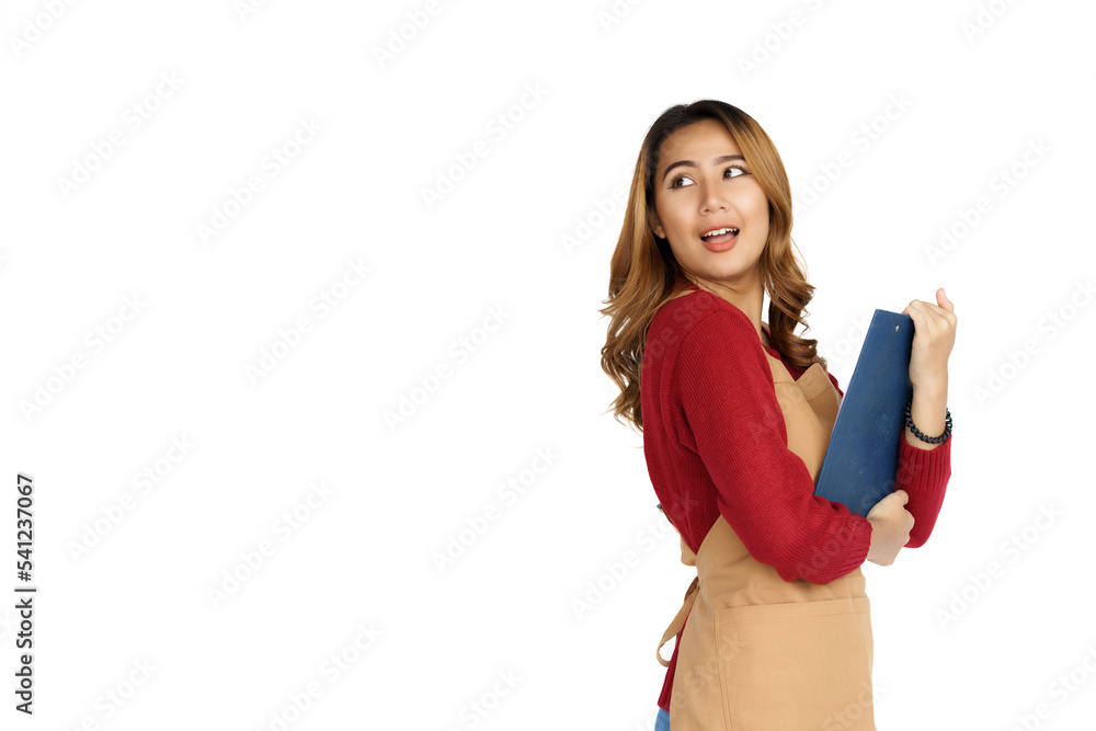 Coffee shop SME owner excited brunette asian woman wearing sweater and apron isolated on white background, Holding clipboard Coffee shop SME owner excited brunette asian woman wearing sweater and apron isolated on white background, Holding clipboard