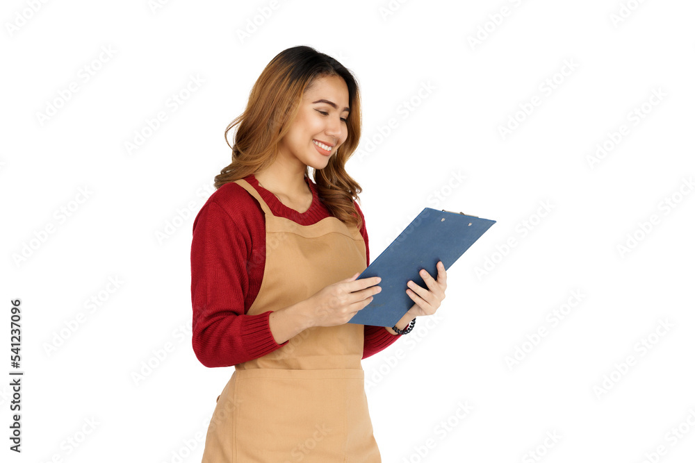 Coffee shop SME owner excited brunette asian woman wearing sweater and apron isolated on white background, Holding clipboard Coffee shop SME owner excited brunette asian woman wearing sweater and apron isolated on white background, Holding clipboard
