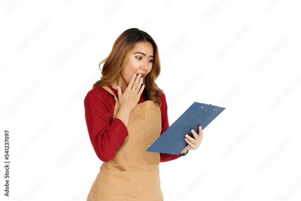 custom made wallpaper toronto digitalCoffee shop SME owner excited brunette asian woman wearing sweater and apron isolated on white background, Holding clipboard