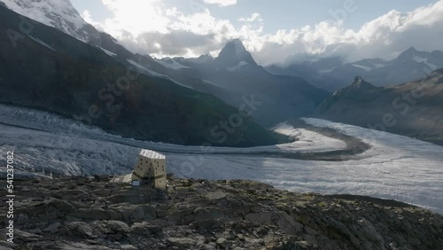 The Monte Rosa hut in Switzerland alps. Drone flight to the left