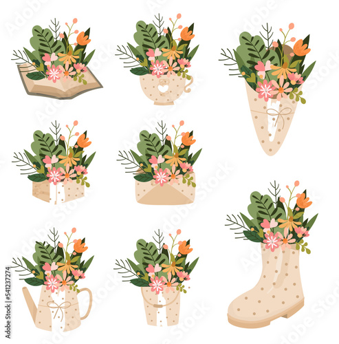 Set of flower bouquet in vases. Spring collection with different vases. Set of beautiful flower.