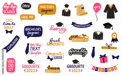 Graduation sticker design. Photo booth props for graduation party. Set of graduation labels.