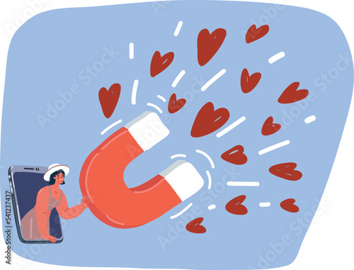 Influencer marketing, digital social media for marketing campaign or advertising concept, beautiful teenage lady stand out from mobile smartphone using magnet to draw social media emoji interaction.
