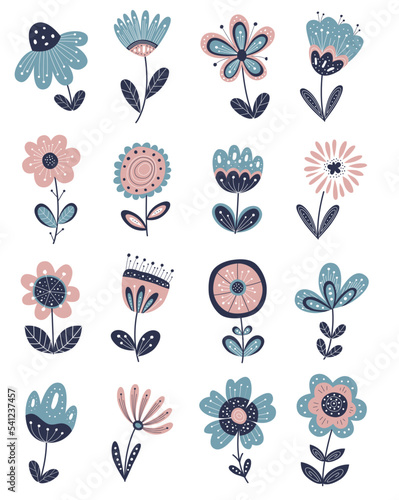 Flower collection in scandinavian style. Flower in folk style for spring holiday.