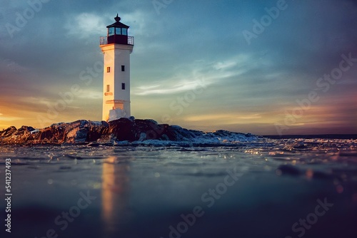 partly gilded ice Lighthouse, made out of frozen water, frozen splashing waves, frozen ocean, golden hour lighting