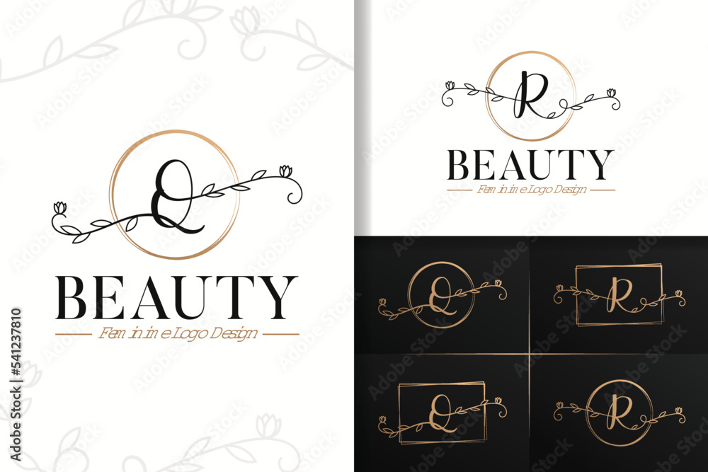 Set of feminine beauty monogram logo letter q and r