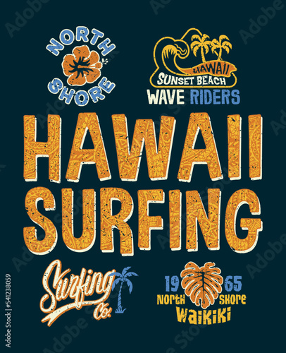 North shore Hawaii Kids surfing company cartoon artwork for summer shirt children wear with cute patch labels