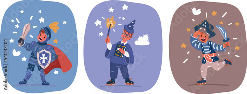 Little Boy and Girl Wearing Animal Costumes Waving Hand and Having Fun Vector Set