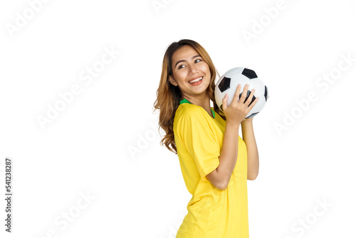 Brazilian supporter brazilian asian woman fan celebrating on soccer or football match isolated on white background