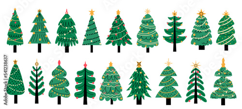 Christmas trees. Cute colorful new year decoration, traditional xmas pines with lights garland star for greeting card invitation banner. Vector set
