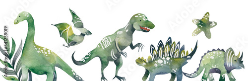  Watercolor Dinosaurs template. Horizontal banner with Dinosaurs and tropical leaves. Hand drown kids Design