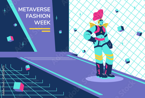 Metaverse fashion week show, flat vector illustration.