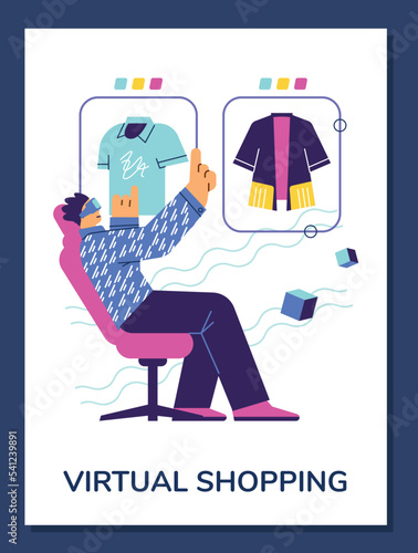 Virtual shopping fashion virtual app banner design, flat vector illustration.