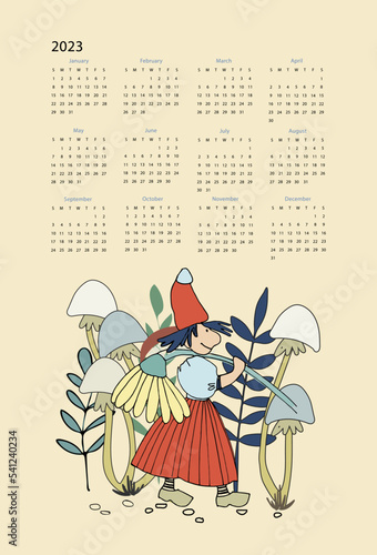 Calendar vector template for year 2023 with hand drawn funny forest girls among mushrooms and plants