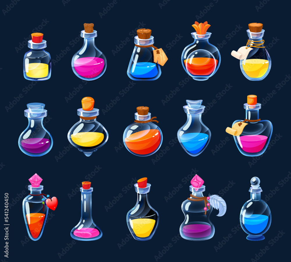 Cartoon alchemy bottles. Magic potion and love elixir game UI icons ...