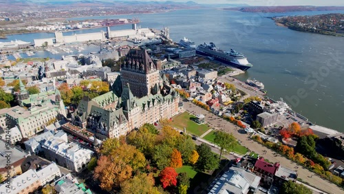 Aerial view drone of Quebec City. Amazing view of Frontenac Castle and Saint-Laurent River. 4K photo
