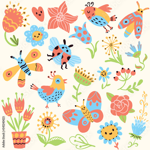 Childish pattern with flat birds, flowers and cute insects. Colorful cartoon characters. Funny vector illustration. Isolated on white background. Seamless baby pattern © kharlamova_lv