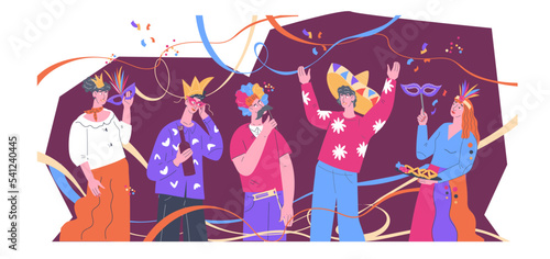 Carnival banner background with men and women in masks on festival, carnival or party, flat vector illustration isolated on white background. Festive event of birthday party, Purim or Mardi Gras.