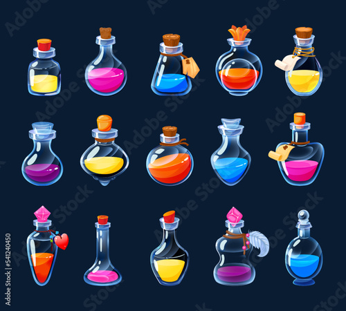 Cartoon alchemy bottles. Magic potion and love elixir game UI icons asset, colorful poison and antidote in various flasks and phials. Vector GUI alchemist potions set