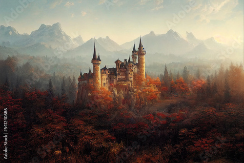 Fantasy landscape with castle in the countryside.