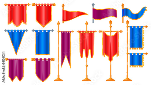 Medieval cartoon flags. Old victorian cloth for UI game design assets, classical flagstaff pennant flagpole icons video gaming concept. Vector isolated set