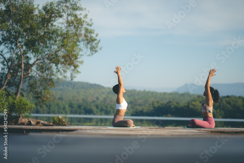 beautiful female healthy lifestyle, young sport girl woman person exercise with outdoor yoga of morn nature summer sunrise or sunset, fitness to peace relax meditation of body balance training pose