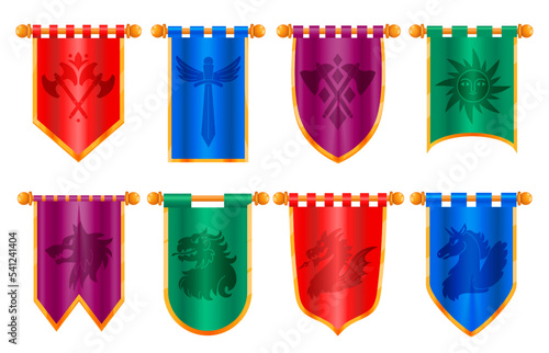 Medieval royal banner. Classical victorian flags with ancient knight pennant heraldic emblem, cartoon regal flagstaff for UI game app design. Vector set