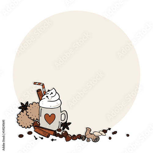 Cozy Fall with pumpkin spice latte, cookies, nuts, almonds and spices colorful hand drawn autumn elements in digital seasonal illustration isolated on light background