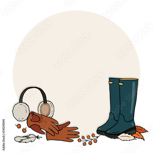 Obraz na płótnie Cozy Fall with leather gloves rain boots and earmuffs colorful hand drawn autumn elements in digital seasonal illustration isolated on light background w salonie
