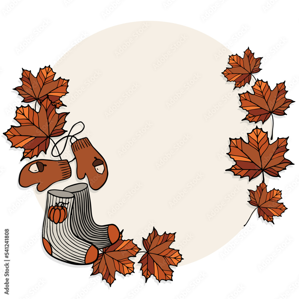 Cozy Fall with woolen socks, gloves and maple leaves colorful hand drawn autumn elements in digital seasonal illustration isolated on light background