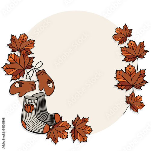 Obraz na płótnie Cozy Fall with woolen socks, gloves and maple leaves colorful hand drawn autumn elements in digital seasonal illustration isolated on light background w salonie