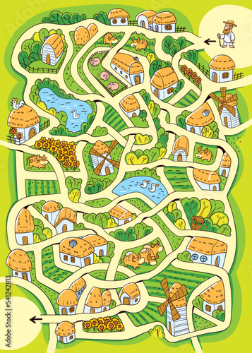 Kids maze puzzle. Help to get to the goal along the tangled roads in the village. Colorful cartoon character. Funny vector illustration