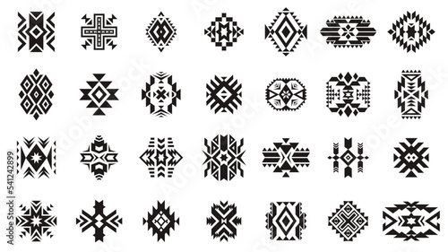 Aztec tribal ornament. Geometric ethnic motif elements of native american culture, ancient Peru tribal traditional decorative art emblems. Vector set