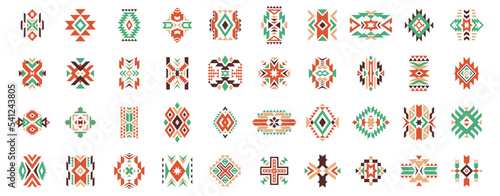 Aztec ethnic motif. Native american geometric pattern, colored mexican tribal art elements for logo tattoo fabric design. Vector isolated set photo