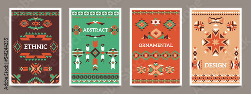 Aztec geometric posters. Ethnic mexican tribe ornament, ancient indian abstract design for card flyer cover print. Vector modern set