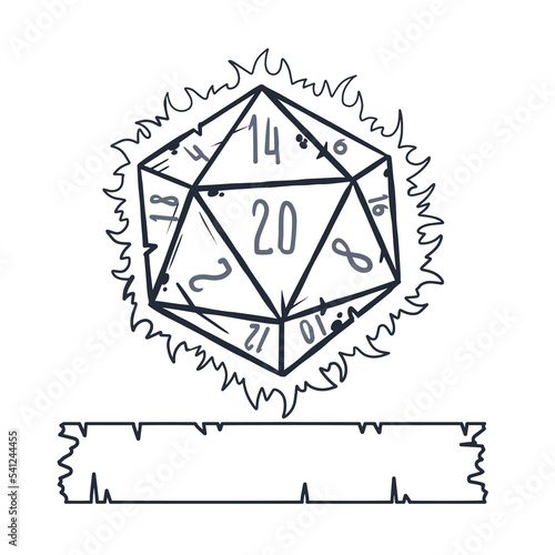 Dice d20 for playing Dnd. Dungeon and dragons board game. Cartoon outline drawn illustration