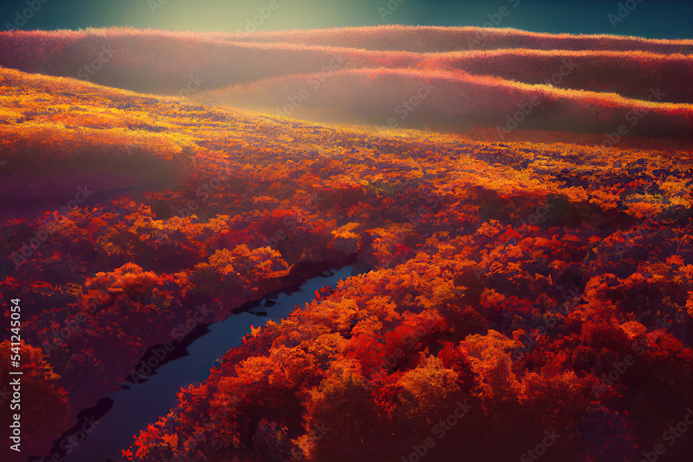 Herbstlandschaft mit Fluss im Sonnenuntergang, Illustration, AI