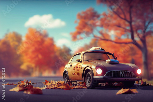 Fototapete Taxi fährt im Herbst auf der Straße, AI