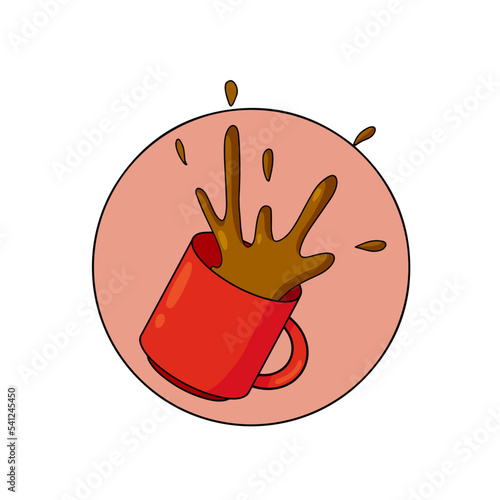 Spilled Cup of coffee. Spray and drop. Sloppy handling in kitchen. Drink with caffeine. Cartoon illustration.