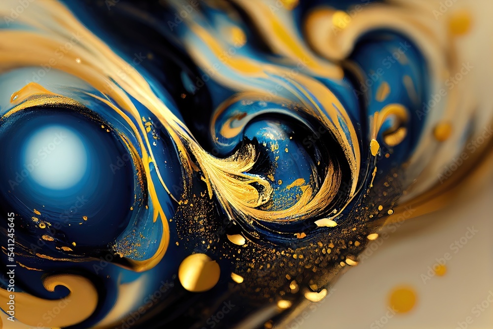 Luxurious golden fluid art with blue. Gold and blue waves, smooth lines ...
