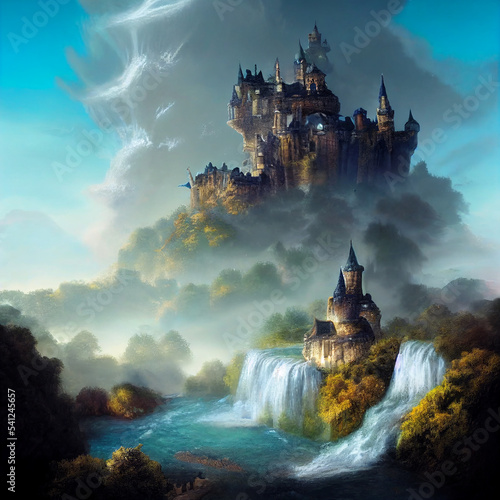 castle in the sky with waterfalls and dragons in the clouds