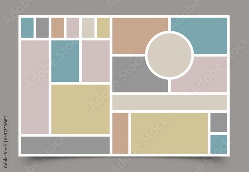 Presentation board layout. Colorful mood board photo collage grid, mosaic photography frame mockup for bloggers portfolio showcase. Vector illustration